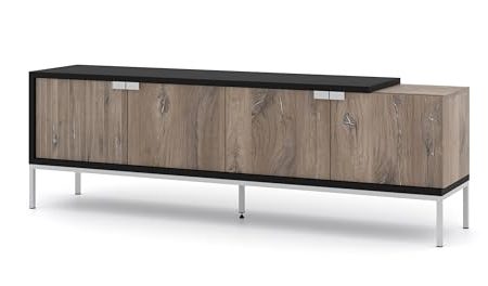 Homlando TV Schrank Toledo 191 cm 4D - Lowboard mit 4 Türen für Wohnzimmer - Moderner TV-Möbel mit Silberrahmen - Eiche Flagstaff/Schwarz Matt