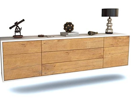 TV Schrank Lowboard hängend - Salzgitter - Korpus Weiss matt - Front Holz Design Eiche- (180x49x35cm) - Push to Open Technik & hochwertigen Leichtlaufschienen - Made in Germany