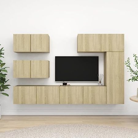 Annlera 6-TLG. TV-Schrank-Set Sonoma-Eiche Holzwerkstoff Tv Cabinet Schrankwand Wohnzimmer Wohnwand Holz Tv Board Holz Lowboard Hängend Sideboard Hängend Wohnwand Hängend Tv Möbel Tv Schrank