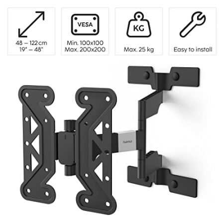 Hama TV Wandhalterung schwenkbar, neigbar, slim (TV Wandhalterung 19-48 Zoll, VESA 100x100 bis VESA 200x200, bis 25kg, 3 Gelenke, ausziehbare Halterung, mit fischer-Dübeln & Bohrschablone) schwarz