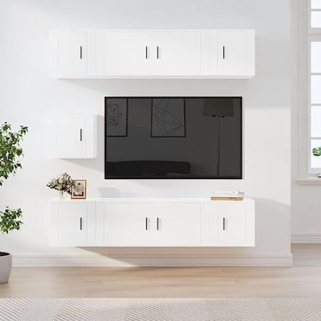 YUHI-HQYD 7-tlg. TV-Schrank-Set,Hängeschränke,Flaches Kabinett,Aufbewahrungsschränke,Konsolenschränke,TV-Möbel,Moderner Stil,Wanddekoration,für Wohnzimmer,Hochglanz-Weiß Holzwerkstoff