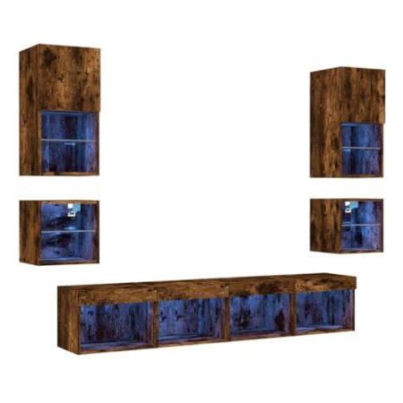vidaXL Wohnwand 8-TLG., Schrankwand mit viel Stauraum, Anbauwand mit LED-Beleuchtung, Wandmontage Fernsehschrank Wohnzimmer Set, Räuchereiche Holzwerkstoff