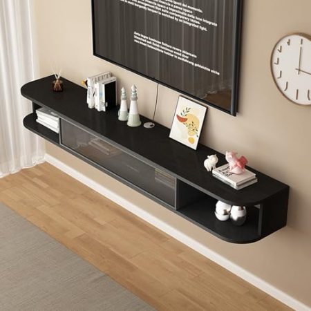 Wandschrank Schwebender TV-Ständer, Schmaler TV-Hängeschrank,Medienkonsole Mit Kabellöchern, Multifunktional Wand montierter Tv Schrank , Unterhaltungszentrum, Wohnzimmer, Hotel(Black,140cm/55in)