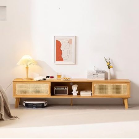 WOLWES TV Bank Bambus Lowboard, Schiebetüren, TV Tisch Fernseher Schrank TV Möbel für Fernseher Bis 70 Zoll (Rattan Door, 1.6m-no Drawer)