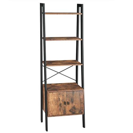 VASAGLE Leiterregal, Bücherregal, Aufbewahrungsregal mit Schrank, 4 Ebenen, Stabiler Stahlrahmen, Wohnzimmer, Schlafzimmer, Büro, 56 x 34 x 173 cm, industrieller Stil, rustikales Braun LLS47BX