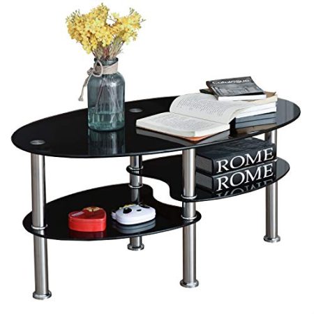GOPLUS 3 Ebenen Couchtisch Glas, Beistelltisch oval mit Metallgestell, Glastisch Wohnzimmertisch für Wohnzimmer & Büro, modernes Design (Schwarz)
