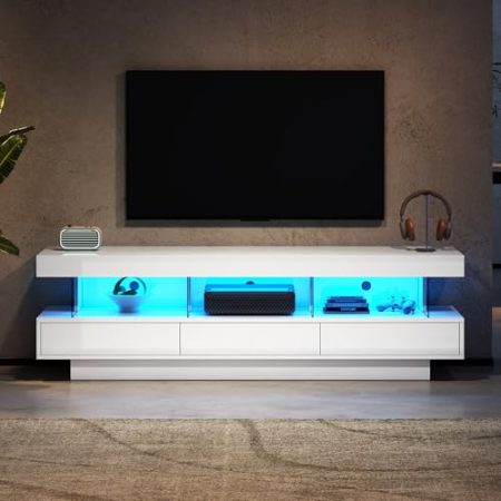 Hochglanz-TV-Ständer mit LED-Lichtern, 1600 mm, moderner TV-Schrank, 3 Schubladen, 3 offene Stauräume, ideal für Schlafzimmer, Wohnzimmer, Zuhause