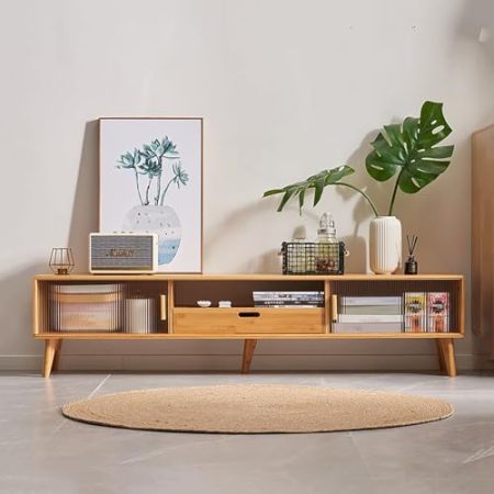 WOLWES TV Board Mit Lagerung, TV Schrank Bambus Lowboard, Schiebetür, TV Bank Fernsehtisch TV Sideboard für Wohnzimmer, Schlafzimmer, Eingangsbereich, Büro (Color : with Drawer, Size : 140cm)