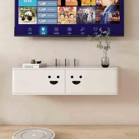 An der Wand montierter TV-Ständer, schwebende Medienkonsole mit Schubladen unter dem TV, schwebender Schrank mit Kabelloch, an der Wand montierte Medienkonsole aus Holz für Wohnzimmer, Schla