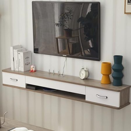 TV Schrank Hängend Holz Design mit Abgerundeten Ecken Kratzfest und Wasserfest TV Möbel, mit Kabelloch, Moderner Fernsehschrank Hängeschrank für Wohnzimmer, Schlafzimmer(Gray,140 * 24 * 18cm)