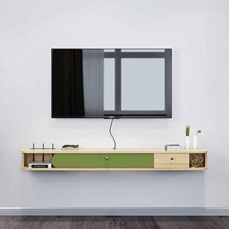 Wandbehang TV-Schrank, TV Schrank Hängeboard aus Massivholz mit Kabelmanagement, an der Wand befestigter DVD Player Hintergrund Multimedia Aufbewahrungsregal/A / 150cm