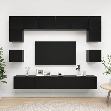IKAYAA 8-TLG. TV-Schrank-Set Lowboard Wohnwand Set TV Board Hängend Schwarz Fernsehschrank TV-Schrank Wohnwand Wohnzimmer TV Möbel Hängeboard Wohnwand 100 x 30 x 30 cm Holzwerkstoff