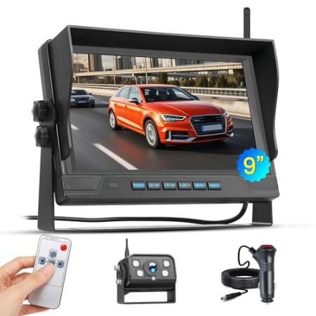Hikity Kabellos Digital Rückfahrkamera Set mit BSD 9 Zoll Monitor Einparkhilfe Autokamera Set mit Daueraufnahme IP68 wasserdichte Nachtsicht Drahtlose Rückfahrkamera für LKW/Van/Wohnmobil/Anhänger