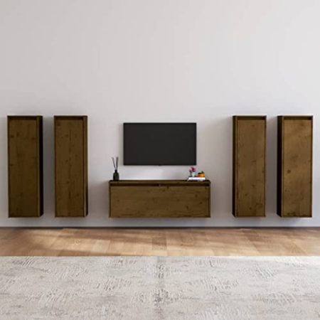 WIFESE 100x30x35 cm TV-Schränke 5 STK. Honigbraun Massivholz Kiefer Fernsehschrank Wandschränke Hängeschränke TV-Möbel TV Kommode Wohnzimmer Schränke mit Staufunktion Stilvolles & Praktisches Design