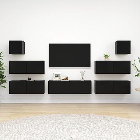 Youuihom TV-Wandhängeschrank-Set, Hanging TV Stand, TV-Möbel, 7-TLG. TV-Schrank-Set Schwarz Holzwerkstoff Geeignet für Schlafsäle, Wohnungen, Villen, Schlafzimmer, Wohnzimmer
