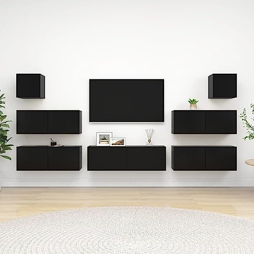 Youuihom TV-Wandhängeschrank-Set, Hanging TV Stand, TV-Möbel, 7-TLG. TV-Schrank-Set Schwarz Holzwerkstoff Geeignet für Schlafsäle, Wohnungen, Villen, Schlafzimmer, Wohnzimmer