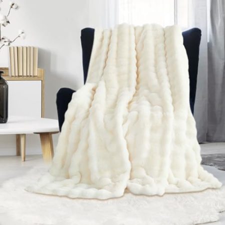 GKXLH Kuscheldecke Flauschig Decke - Weiche Plüsch Kuscheldecke Weiß, Fuzzy Kuschelig Decke Bettdecken, 1200GSM Kaninchen Kunstfell Leichte Decken Warme Flauschige Decke für Couch Bett Sofa (160x200)
