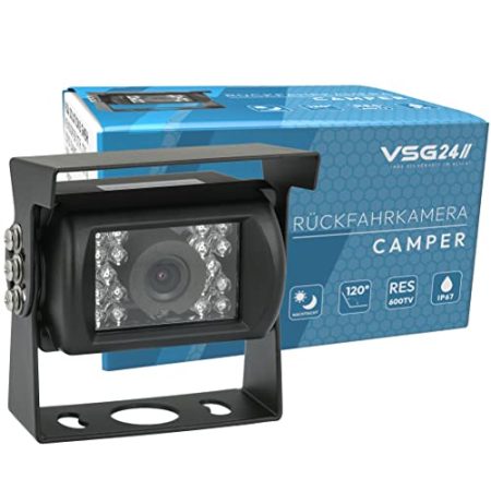VSG24 Camper Rückfahrkamera Wohnmobil Wohnwagen/Rückfahrsystem Camera/Nachtsicht & Wetterfest/einfaches Nachrüsten Einparkhilfe Kamera hinten Frontkamera LKW Anhänger 12V-24V Set Schwarz
