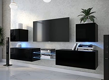 Furnitech Wohnwand Wohnzimmer | Wohnzimmer Möbel mit LED RGB - 16 Farben | Hängend Wohnwand Modern | Wohnzimmer Schrankwand mit Regale und TV Schrank (D144N-21B-HG1-1A)