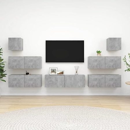 Youuihom TV-Wandhängeschrank-Set, Hanging TV Stand, TV-Möbel, 7-TLG. TV-Schrank-Set Betongrau Holzwerkstoff Geeignet für Schlafsäle, Wohnungen, Villen, Schlafzimmer, Wohnzimmer