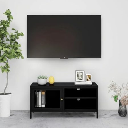 WKIEQACO Entertainment Centers & TV-Ständer, TV-Schrank, schwarz, 90 x 30 x 44 cm, Stahl und Glas