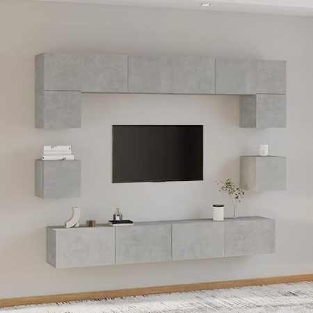 Youuihom Modulare TV Schränke, TV-Wandhängeschrank-Set, 8-TLG. TV-Schrank-Set Betongrau Holzwerkstoff Geeignet für Schlafsäle, Wohnungen, Villen, Schlafzimmer, Wohnzimmer