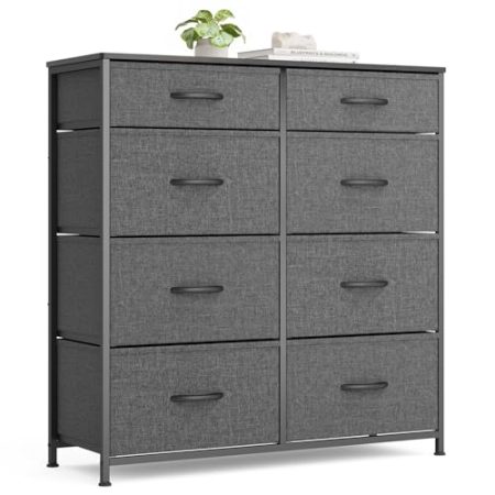 Xbro Kommode mit 8 Schubladen aus Stoff, Komodenschrank Schlafzimmer mit Holzplatte, Kommode Schlafzimmer Flur, Komode Komodenschrank Flurschrank für Küche Büro Flur Schlafzimmer (Dunkelgrau)
