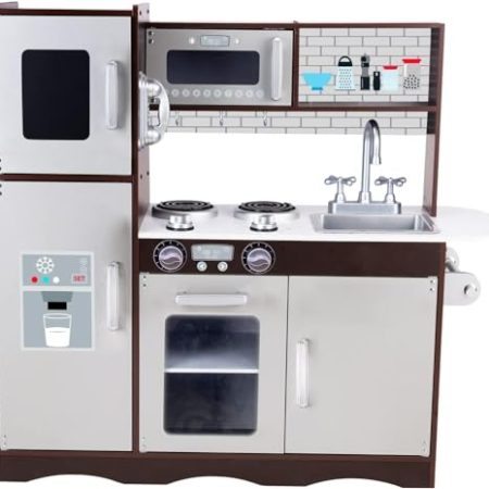 Hölzerne Kinderküche, Kinderspielküche mit Spüle Herd Backofen, Holzküche Spielzeugküche, Spielküche aus Holz mit Zubehör für Kinder ab 3 Jahren (Braun)