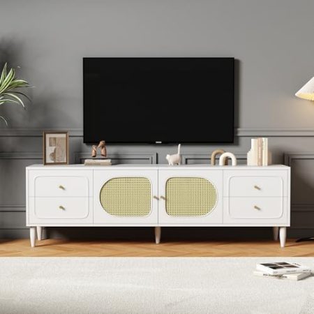 FocusOnHome Eleganter Rattan-TV-Schrank 180x40x56.5 cm - Mit 4 Schubladen, 2 Rattantüren, Höhenverstellbaren Beinen und Kabelmanagement, Für bis zu 80 Zoll Fernseher,TV-Schränke,Lowboards