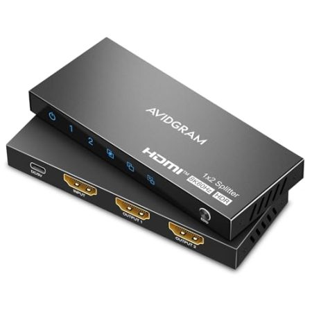 HDMI 2.1 Splitter 8K 60Hz, AVIDGRAM HDMI Splitter 1 in 2 Out mit Auto, Copy, Downscaler EDID Mode, 2 Port 4K 120Hz HDMI Duplicator unterstützt 8K 40Gbps für Xbox Series X PS4 Pro PS5 UHD TV Monitor