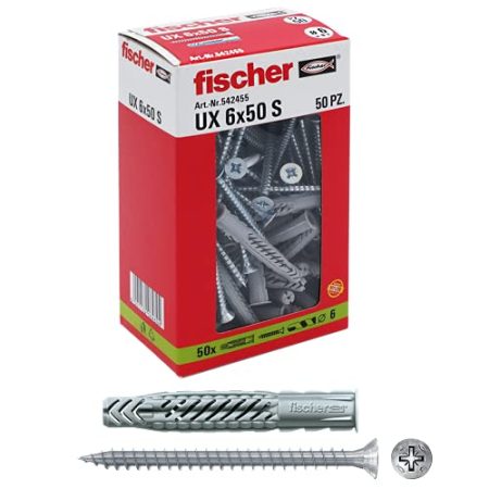 fischer 542455 Dübel mit UX-Schraube, grau, 6 x 50 mm Con Vite, 50 Stück