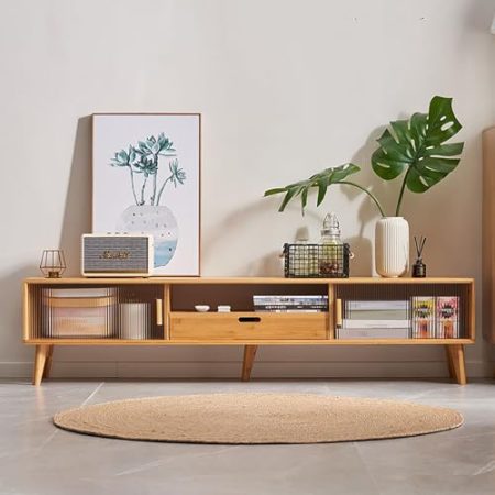 WOLWES TV Schrank Bambus Lowboard, Schiebetür, TV Bank Fernsehtisch TV Sideboard für Wohnzimmer, Schlafzimmer, Eingangsbereich, Büro (160cm)