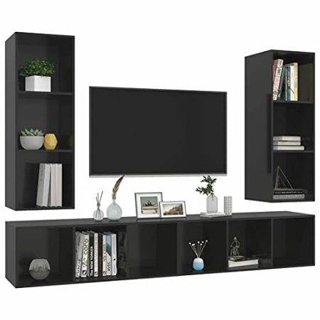 Wandmontiertes TV-Schrank-Set mit Aufbewahrungswürfel, modernes Wohnzimmermöbel-Set mit Hochglanz-Schwarz-Finish, platzsparendes TV-Regal, Ständer, 4-teilige Spanplatte, TV-Aufbewahrungskombination