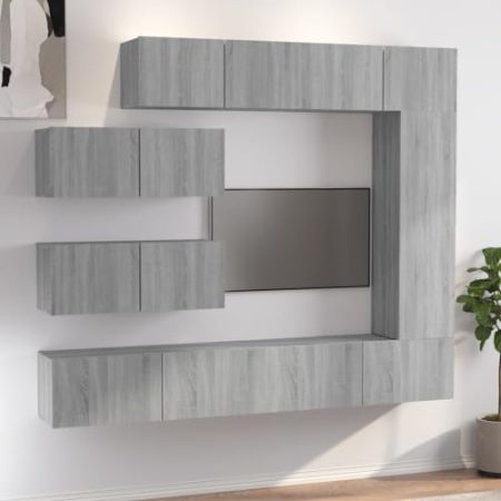 HETFTJN 7-TLG TV-Schrank-Set, Fernsehtisch Hoch Tv Eckschrank Beistelltisch Tv Regal Geeignet für Schlafzimmer Den Flur Fernseher Kleine Räume Grau Sonoma Holzwerkstoff