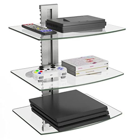 WALI CS303S Wandregal mit transparentem gehärtetem Glas für DVD-Player, Kabelboxen, Spielekonsolen, TV-Zubehör, 3 Ablagen, silberfarben