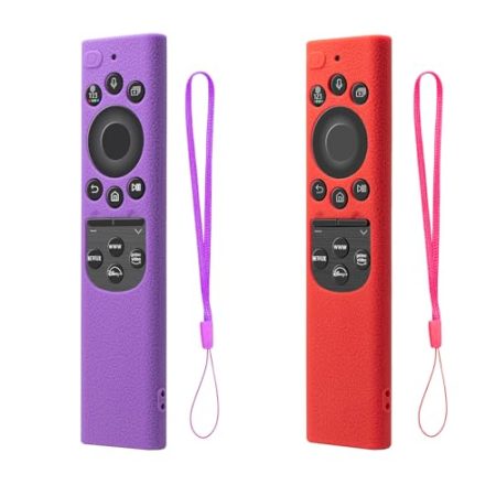 2 Stück Neueste Silikon Schutzhülle für Samsung Smart TV Solar-Fernbedienung 2021 2022 Anti Rutsch Stoßfest für BN59-01357 BN59-01363 BN59-01385 Fernbedienungshaut mit Lanyard (Lila+Rot)