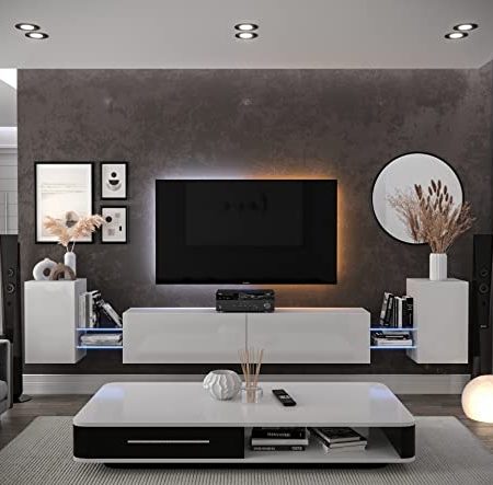 Furnitech Wohnwand Wohnzimmer | Wohnzimmer Möbel mit LED Weiß | Hängend Wohnwand Modern | Wohnzimmer Schrankwand mit Regale und TV Schrank (AN103-21W-HG2-1C)