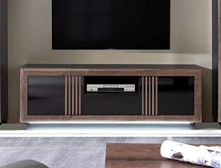 Forte Savona TV-Schrank mit 2 Türen 1 Schublade, Holzwerkstoff, schwarz/Edeleiche/schwarz Hochglanz, B x H x T: 162,7 x 56,2 x 42,3 cm