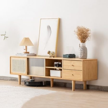 WOLWES TV Schrank Bambus Lowboard, Schiebetüren, Kabelführungsloch, Verstellbares Regal, TV Bank Fernsehschrank für Fernseher Bis 55 Zoll (Size : 1.4m)