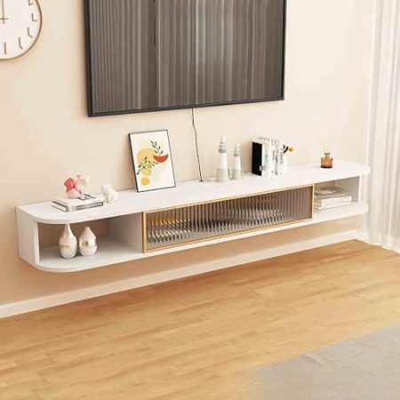 Wandmontierter TV-Schrank, schwimmende Medienkonsole, grauer Aufbewahrungsstall unter dem Fernseher mit Klapptür, offenes Fach für Wohnzimmer, Schlafzimmer, leicht zu reinigen