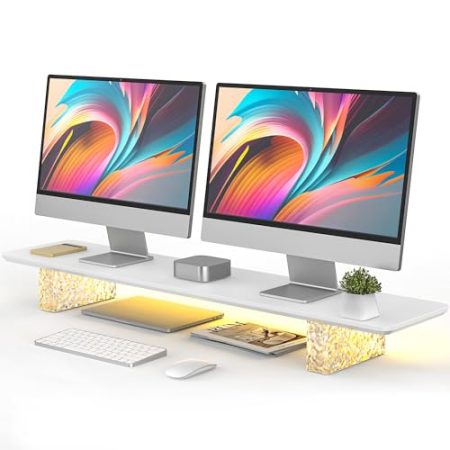Fenge Dual Monitorständer Holz+Kristall Ziegel Monitor Ständer Riser mit LED Streifen, 108cm Großen Computer Stand für PC/Laptop/Fax/Drucker/TV, Weiß