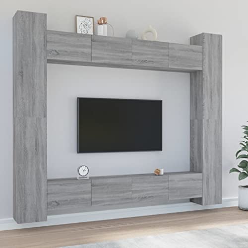Homgoday TV-Möbel-Set, 8 Stück, Sonoma-Grau, aus mehrschichtigem Holz, TV-Schrank für Wohnzimmer, TV-Tisch, niedriger Schrank für industrielle Fernseher, TV-Ständer