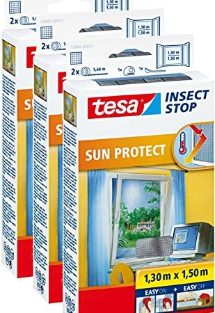 3 Stück tesa Fliegengitter für Fenster inkl. Sonnenschutz, beste tesa Qualität, 1,3m x 1,5m