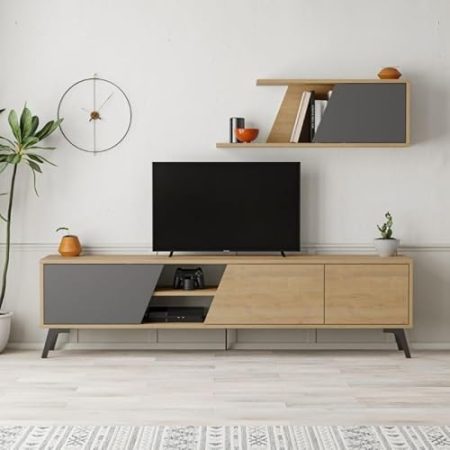 TV-Schrank 180cm mit Wandregal in Eiche und Anthrazit - Fiona