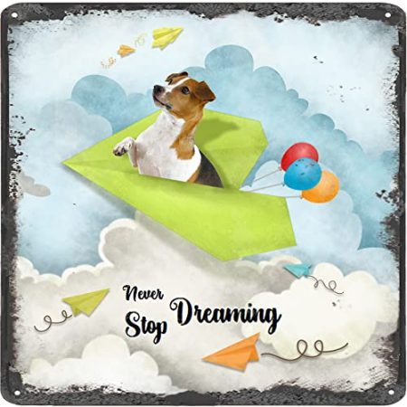 Finamille Inspirierende Wandkunst – Never Stop Dreaming, Beagle Dogs Vintage Blechschild – Ballondekoration – Papier Flugzeug motivierendes Poster quadratisches Schild 30,5 x 30,5 cm