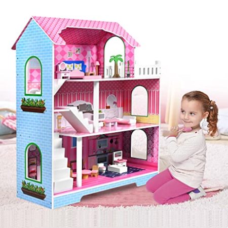 ACXIN Puppenhaus Holz Dollhouse Barbie Haus Große Spielset Barbie Puppenhaus DIY Puppenhaus Playmobil Haus Puppenvilla mit Möbel und Zubehör, Spielzeug für Mädchen und Jungen