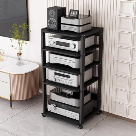 IMUNKT Medienständer HiFi Regal Audio Rack Beweglicher Schwarz Medienschrank 3/4/5/6 Ebenen Spielekonsolen Aufbewahrungsschrank Für Plattenspieler & Stereoanlagen(5-Tier(110cm high))