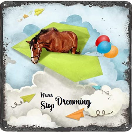 Finamille Inspirierende Wandkunst – Never Stop Dreaming,Horse Vintage Blechschild – Ballondekoration – Papier Flugzeug motivierendes Poster quadratisches Schild 30,5 x 30,5 cm