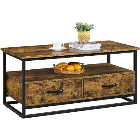 Yaheetech Couchtisch 3-stufiger Kaffeetisch mit offenem Ablagefach und 2 Schubladen Holz Sofatisch Beistelltisch Metallrahmen Tisch für Wohnzimmer/Schlafzimmer, 100 × 48 × 46 cm Rostbraun