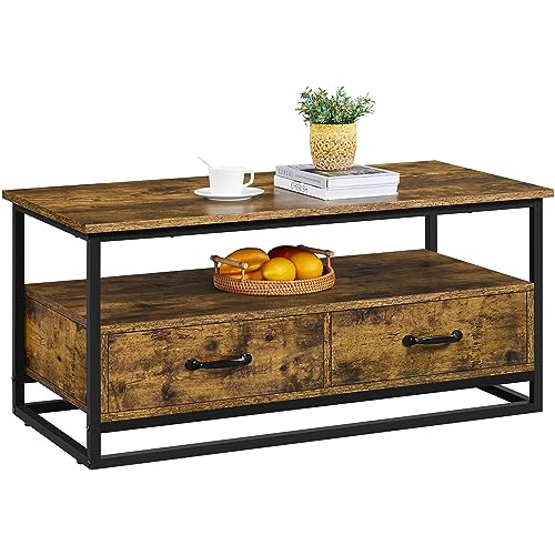 Yaheetech Couchtisch 3-stufiger Kaffeetisch mit offenem Ablagefach und 2 Schubladen Holz Sofatisch Beistelltisch Metallrahmen Tisch für Wohnzimmer/Schlafzimmer, 100 × 48 × 46 cm Rostbraun
